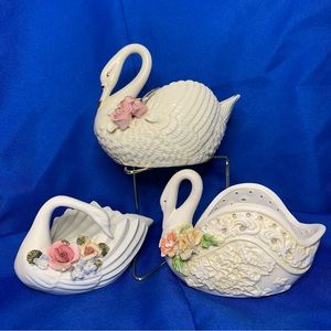 Vintage Ceramic/Porcelain Swan Trinket Holder/Flower Vase Set of Three